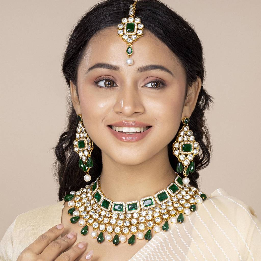 Crystal Choker Necklace With Maang Tikka Earrings Indian Traditional Bridal Wedding Jewellery Set For Women Girls- : PF25N708G