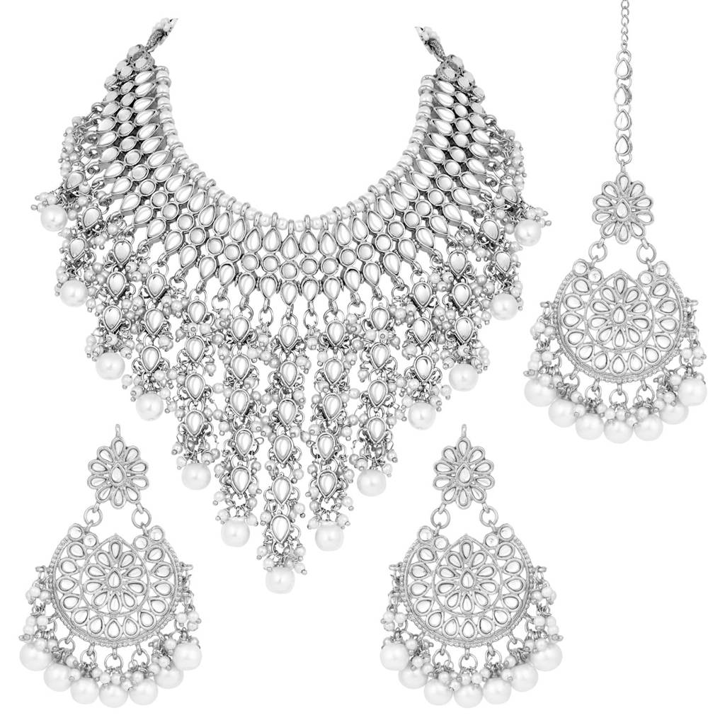 Traditional Kundan & Pearl Drop Bridal Dulhan Necklace Earring With Maang Tikka Jewellery Set For Women Girls-Pf : PF25N1177RW