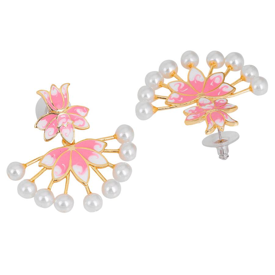 Estele Gold Plated Lotus Designer Pearl Drop Earrings With Pink Enamel For Girl'S & Women. : 799710-IGER