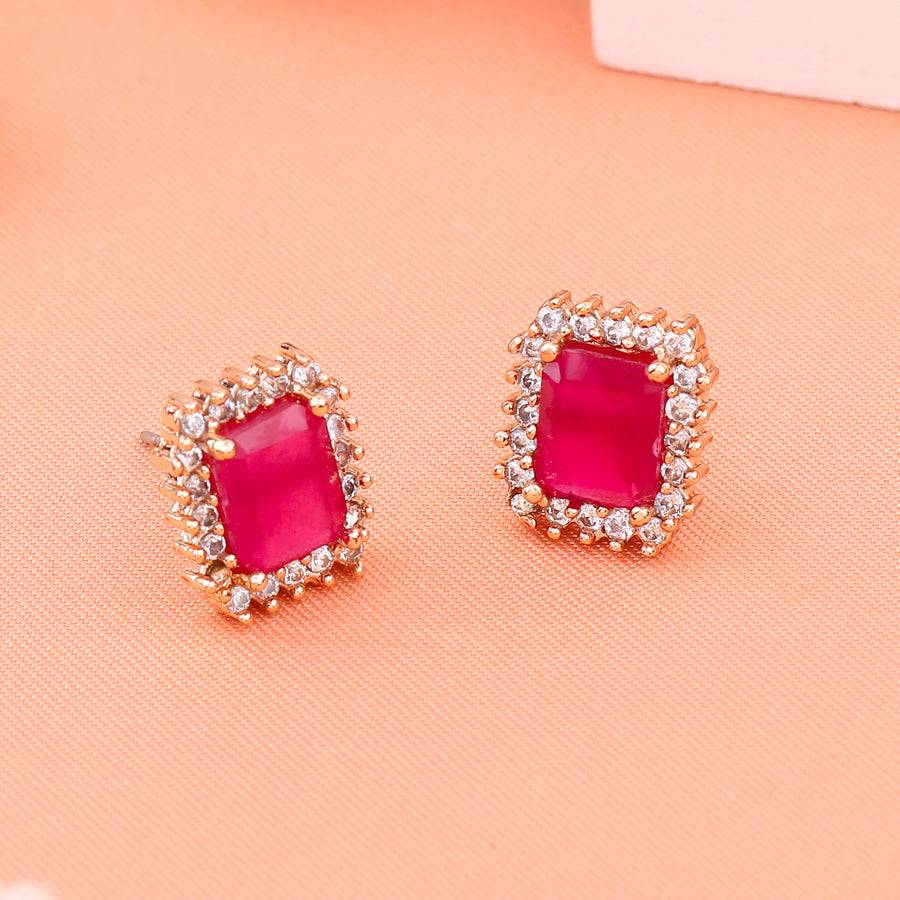 Estele Rose Gold Plated Cz Square Designer Stud Earrings With Ruby Stones For Girls & Women : AD-735-RG-RBERER