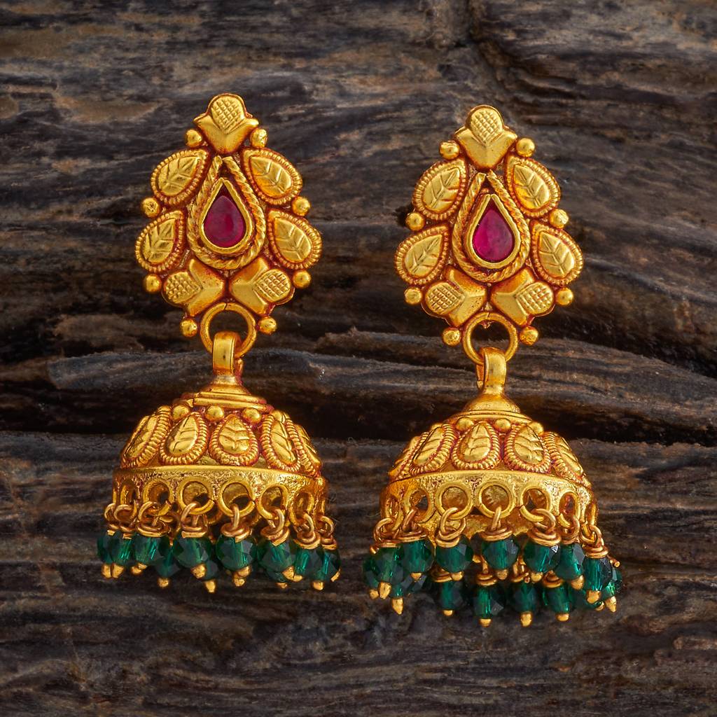 Kushal'S Fashion Jewellery Ruby-Green Gold-Plated Ethnic 92.5 Pure Silver Temple Jhumkas-174153 : 417976