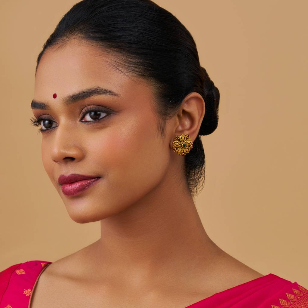Kushal'S Fashion Jewellery Ruby-Green Oxidised Gold-Plated Ethnic 92.5 Pure Silver Temple Studs-177418 : 425358