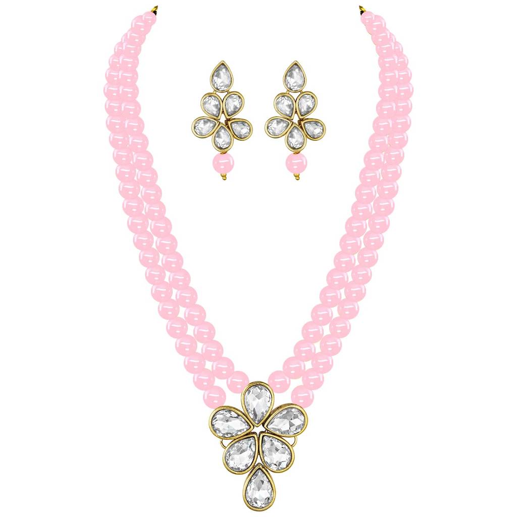 Crystal Faux Pearl Long Necklace With Drop Earrings Traditional Ethnic Jewellery Set For Women Girls-Pf24N184 : PF24N184PK
