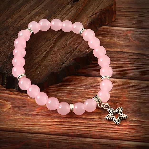 Gehena By Estele Pink Beaded Elastic Charm Bracelet For Women & Girls: Lightweight & Elegant Star Charm Stret : OSAK005-IRPNBR