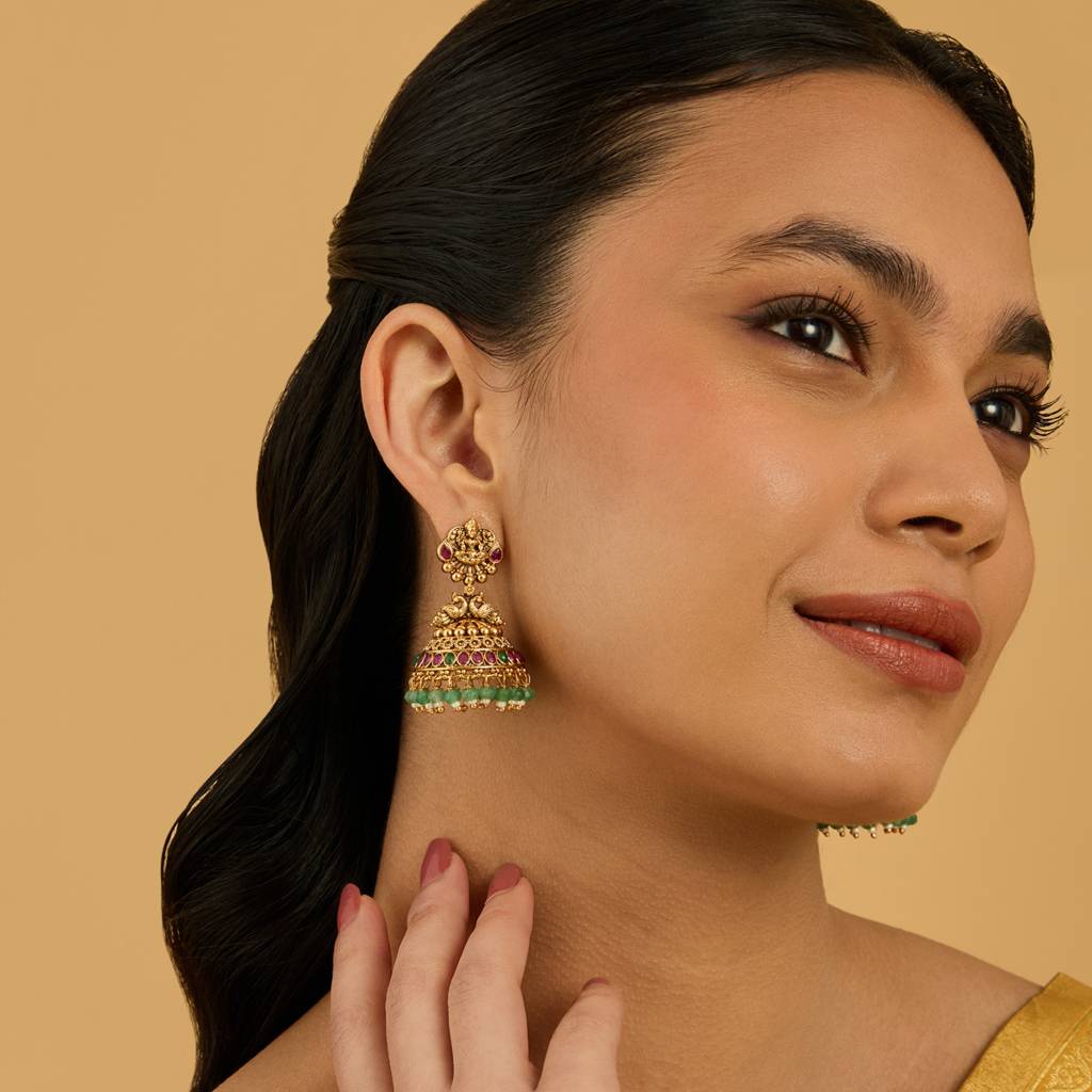 Kushal'S Fashion Jewellery Ruby-Green Gold-Plated Ethnic Antique Earring Jhumkas-181466 : 433678