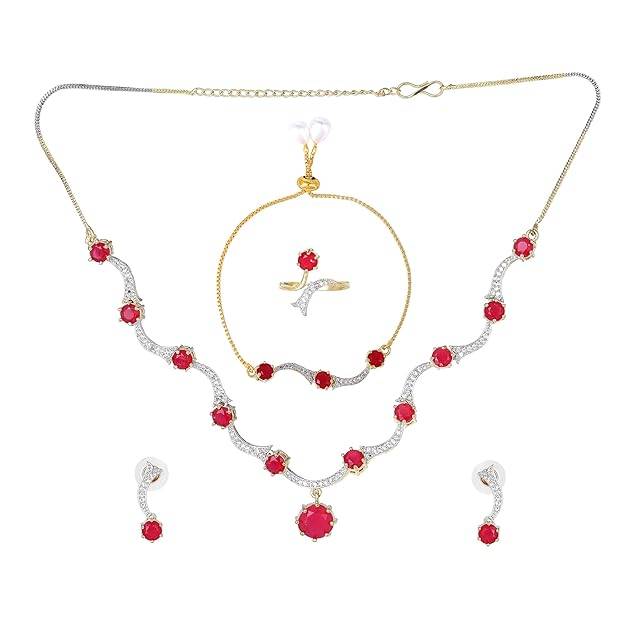 ion Jewelry Combo Of Choker Necklace Set With Earrings, Bracelet & Ring For Women: Gold & Rhodium Pla : OSAKCOM007-2TNRBNKERBRFN