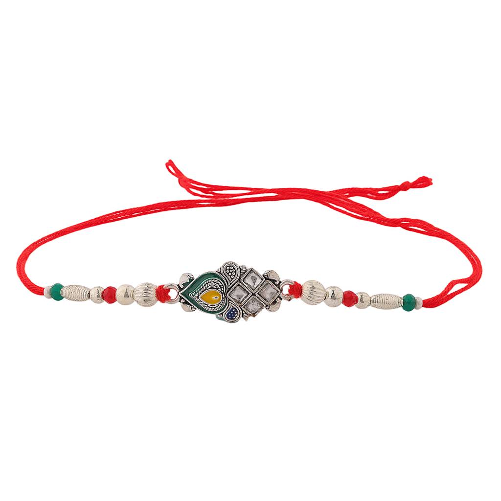 Regal Kundan Peacock Feather Thread Rakhi For Brother : 8905124561708