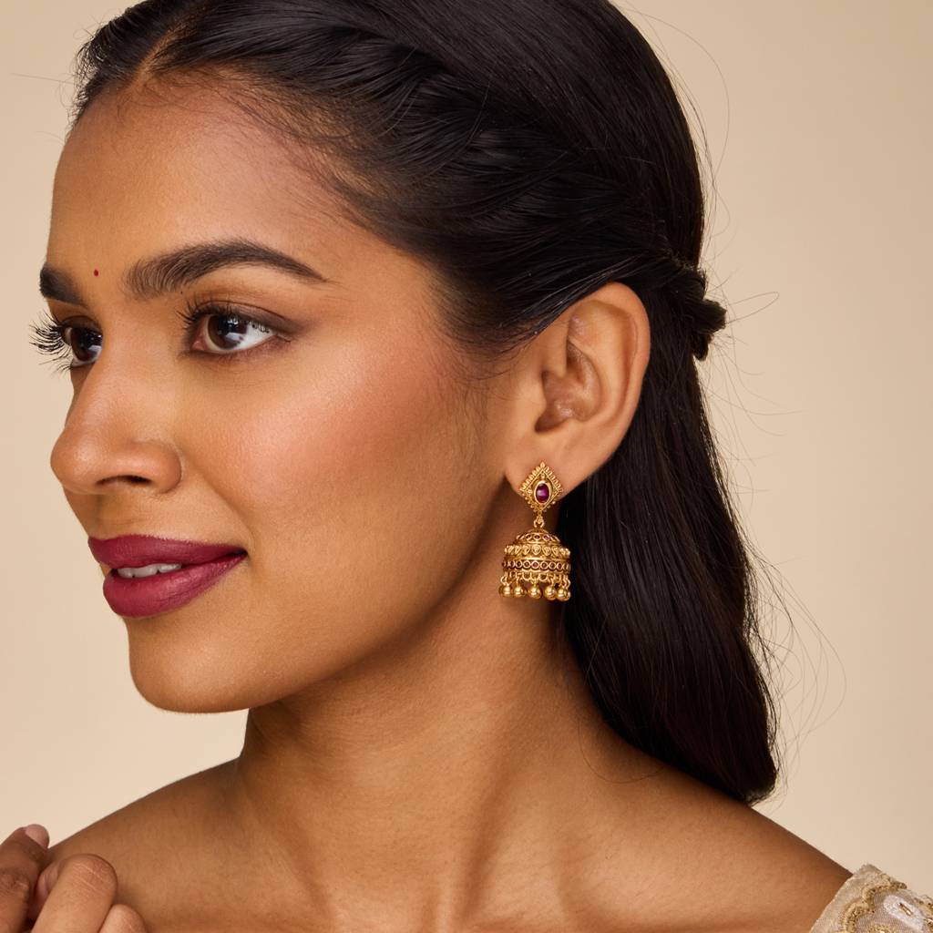 Ruby Gold-Plated Ethnic Antique Jhumkas-452377 : 452377