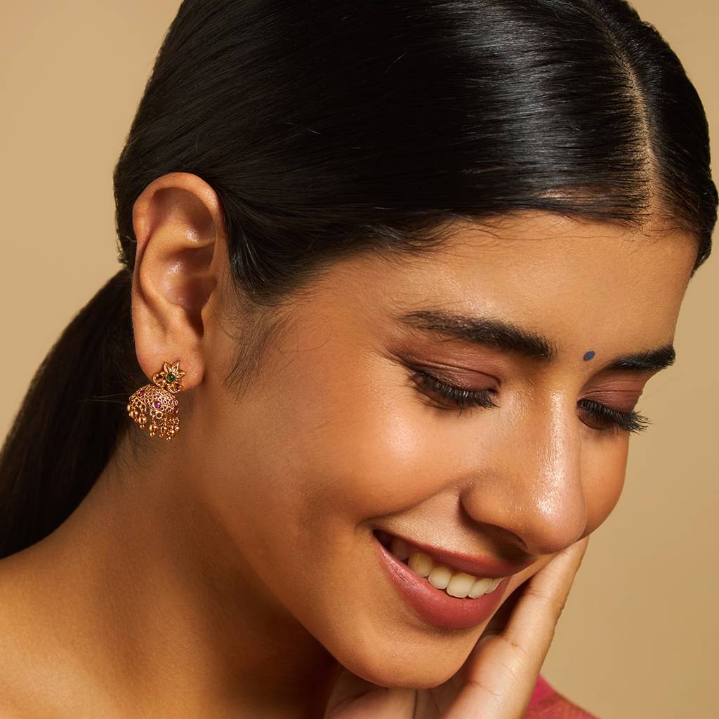 Ruby-Green Gold-Plated Ethnic Antique Studs-422489 : 422489