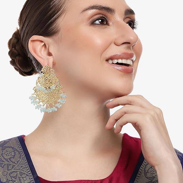 Estele Gold Plated Trellis Gehena Chandbali Earrings With Blue Beads For Women : PJ-007-IGBLER