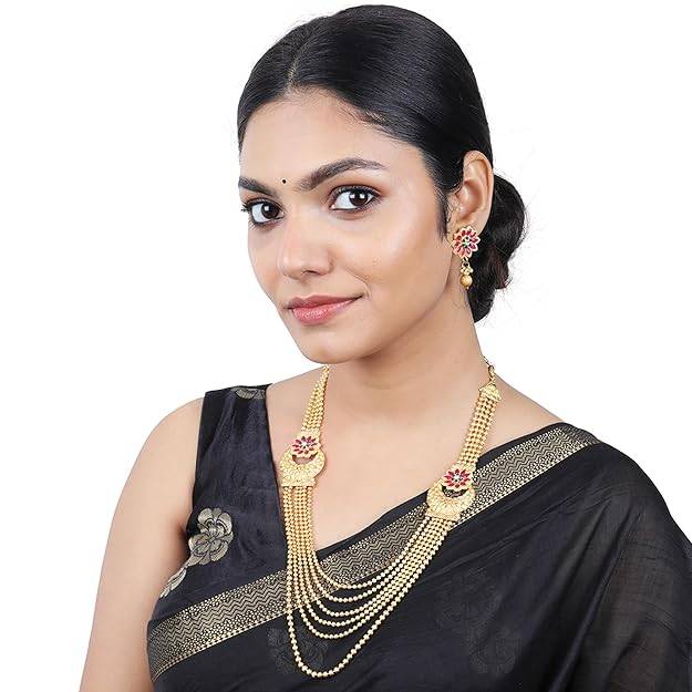 Estele Gold Plated Beautiful Gehena Long Necklace Set With Ruby & Green Stones For Women : PJ-030-IGRBGNNKER