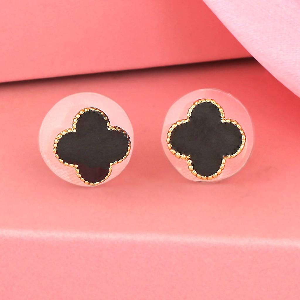 Estele Gold Plated Clover Designer Black Enamel Stud Earrings : 654704ER