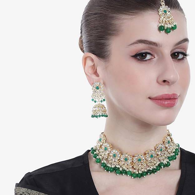 Estele Gold Plated Marvelous Gehena Necklace Set & Maang Tikka With Green Beads For Women : PJ-040-IGGNNKERTK