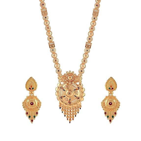 Gold Finish Temple Necklace Set With Intricate Pendant & Earrings For Bridal Wear : OSAK002-IGMCNKER