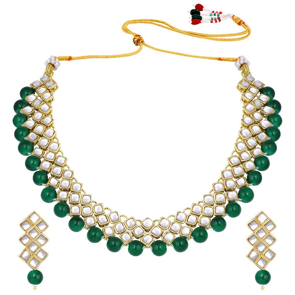 Gold Plated Indian Ethnic Kundan Pearl Fancy Bridal Traditional Choker Necklace Jewellery Set With Earrings For W : PF25N1018G