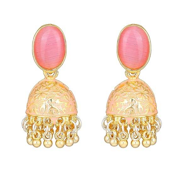 Estele Gold Plated Traditional Gehena Jhumka Earrings With Mint Pink Eanamel For Women : PJ-002-IGMPER