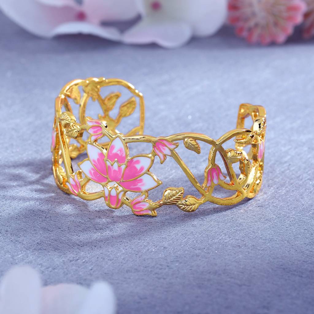 Estele Gold Plated Pink Enamel Lotus Designer Gorgeous Cuff Bracelet For Girl'S & Women : AD-059-IGBR
