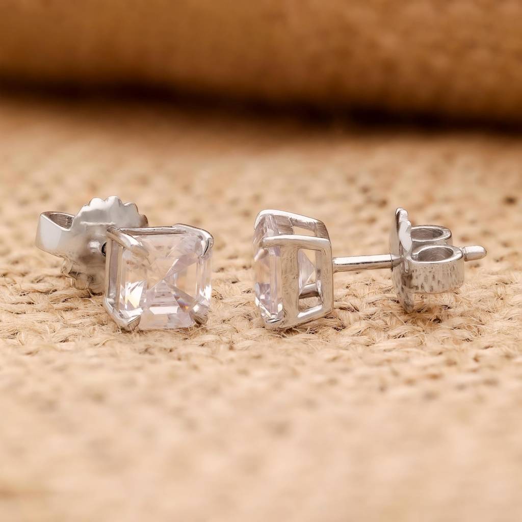 925 Silver Square Cz Stud Earrings | Minimalist Sparkle Gift For Mother Or Grandmother : SE_000720