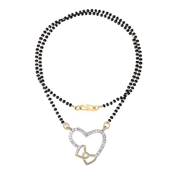 Gold & Rhodium Plated Loveable Heart Pendant Mangalsutra Chain With Black Beads & White Crystals For Wome : OSAKMS009-2TNWENK