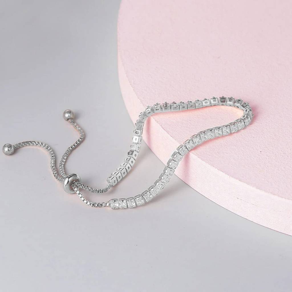 Silver Plated Cubic Zirconia Studded Adjustable Tennis Bracelet Stylish Fashion Jewellery Gift For Women & Girls : PX8B37S
