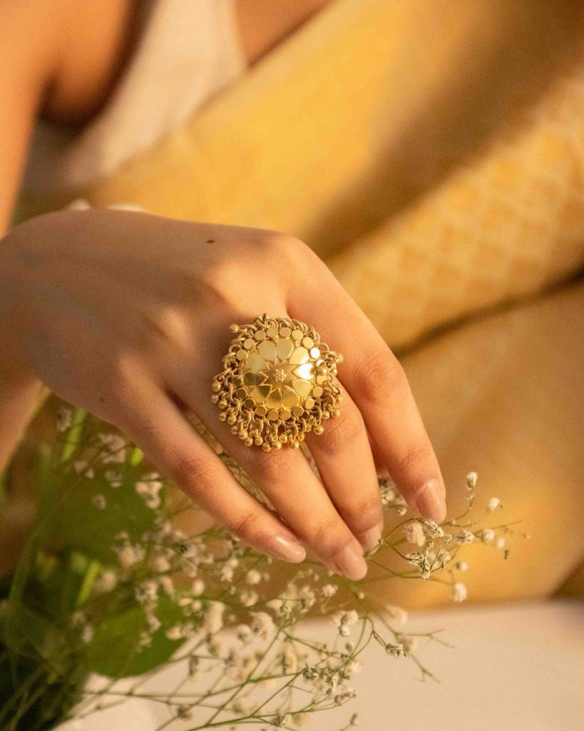 Moh Petal Motif Ghughri Gold Plated Ring : SR1026-G