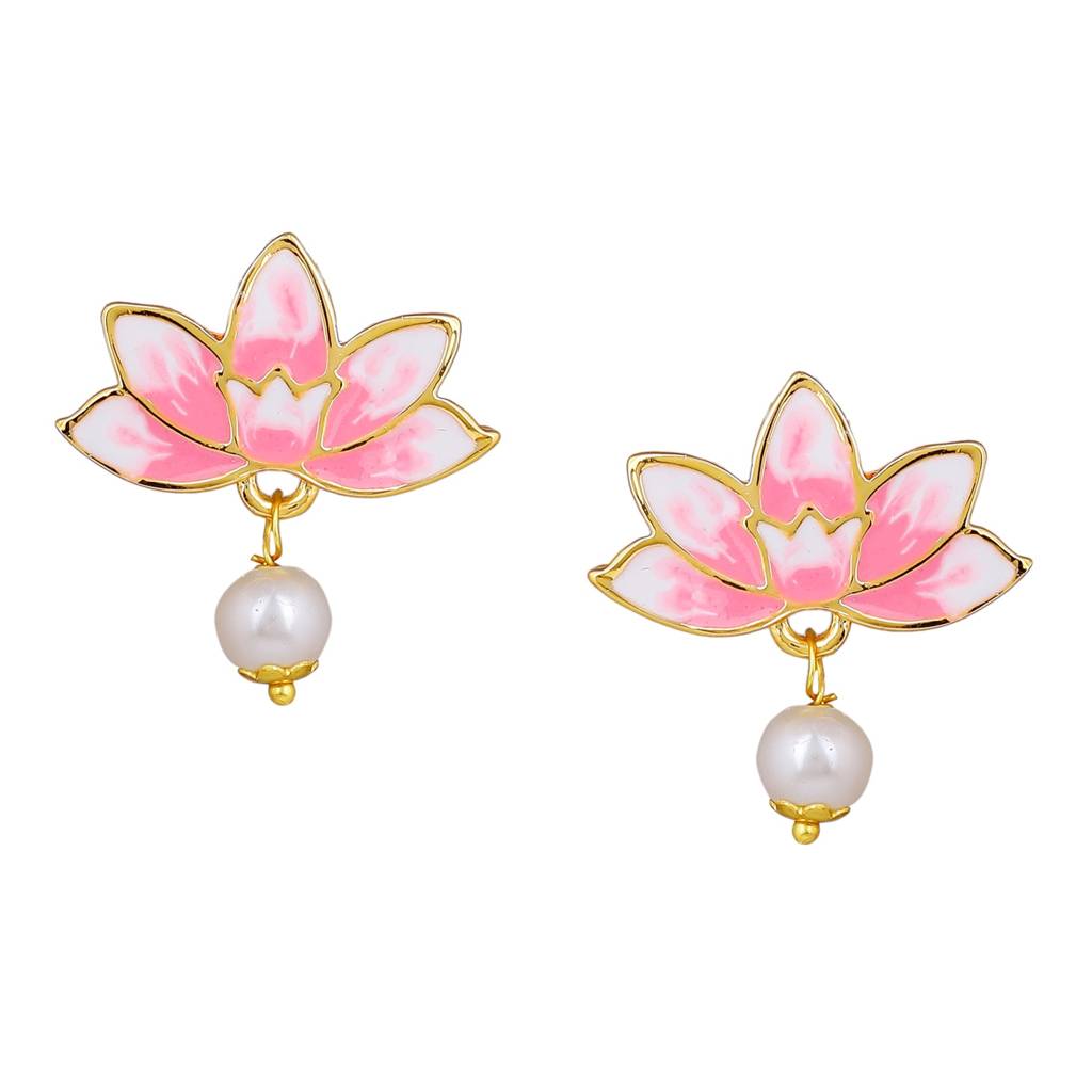 Estele Gold Plated Fascinating Lotus Designer Pearl Necklace Set With Pink Enamel For Girl'S & Women : 10196-IGNKER