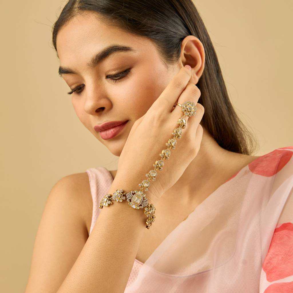 White Victorian-Plated Party Kundan Hathpan  -442205 : 442205