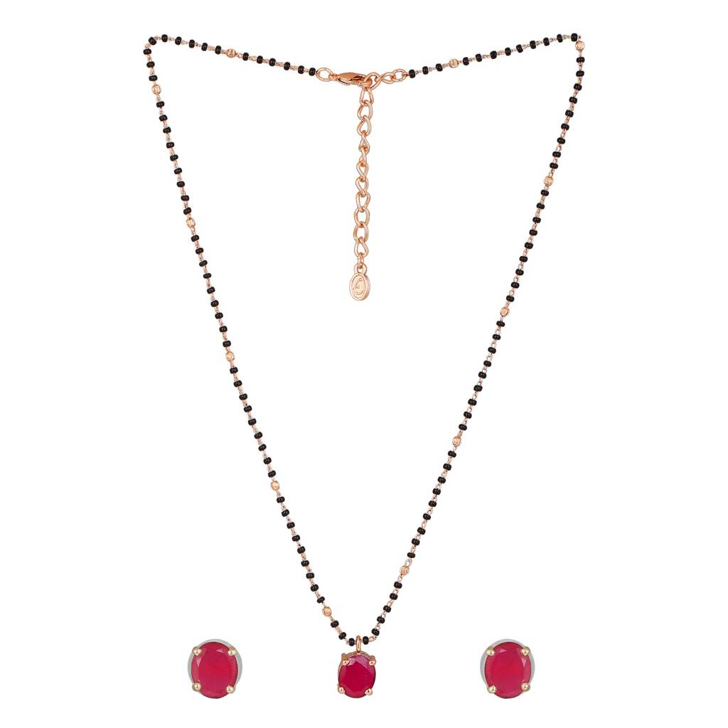 Estele Rose Gold Plated Cz Spherical Maangalsutra Necklace Set With Ruby Stones For Women : ADMS040-RGRBNKER