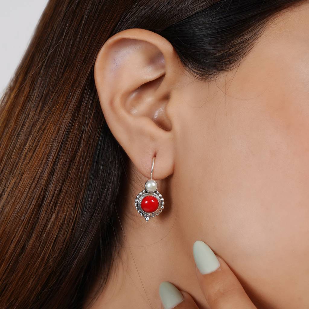 Coral & Pearl Silver Earrings : SSE797