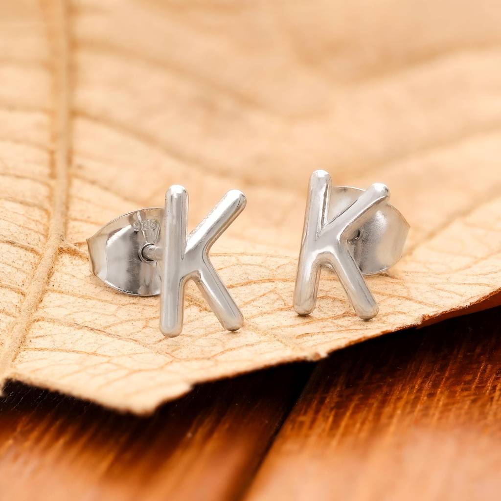 925 Silver K Initial Stud Earrings | Alphabet Letter Jewelry : SE_000854