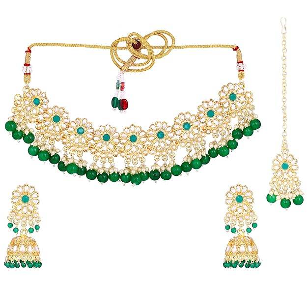 Estele Gold Plated Marvelous Gehena Necklace Set & Maang Tikka With Green Beads For Women : PJ-040-IGGNNKERTK