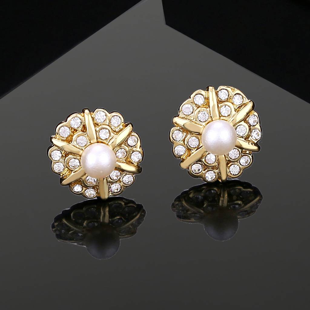 Estele Gold Plated Flower Designer Stud Earrings With Crystals For Women : 696710ER