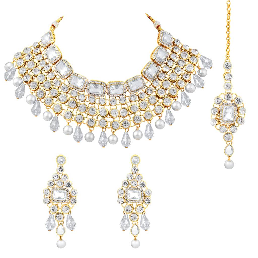 Crystal Choker Necklace With Maang Tikka Earrings Indian Traditional Bridal Wedding Jewellery Set For Women Girls- : PF25N708W