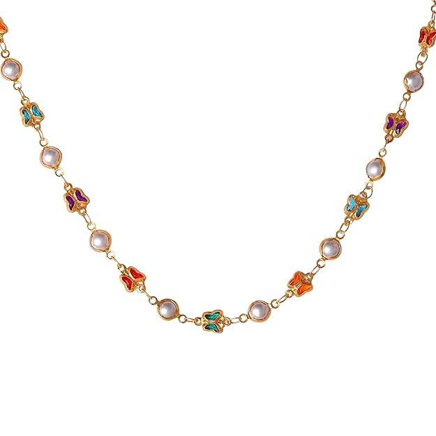 Fashion Jewelry Colorful Butterfly Motif Necklace For Women: Gold Plated Vibrant Butterfly Motif Necklace : OSAK007-IGMCCHAIN