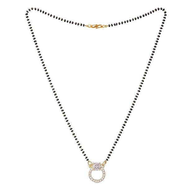 Gold Plated Opulent Circular Pendant Mangalsutra Chain With Black Beads & White Crystals For Women : OSAKMS004-IGWENK