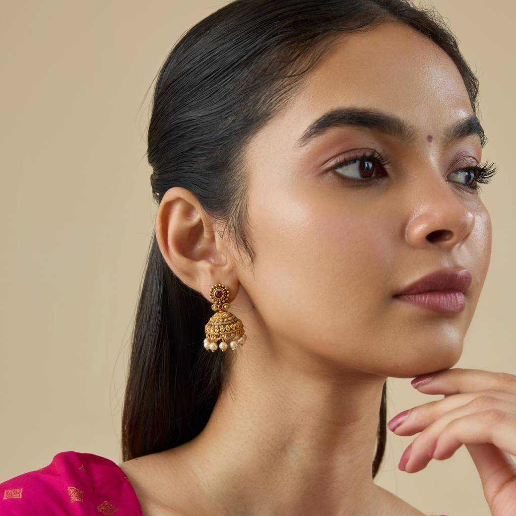 Kushal'S Fashion Jewellery Ruby Gold-Plated Ethnic Antique Jhumkas-436297 : 436297