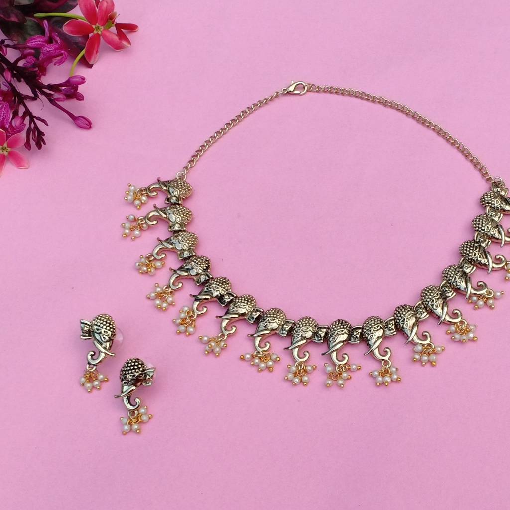 Estele Gold Plated Antique Streamlined Elephant Designer Choker Necklace Set With Glowing Pearls For Women : 10010-IGNKER