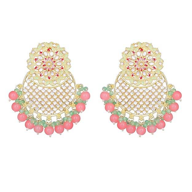 Estele Gold Plated Fascinating Gehena Drop Earrings With Green & Pink Beads For Women : PJ-011-IGMGMPER