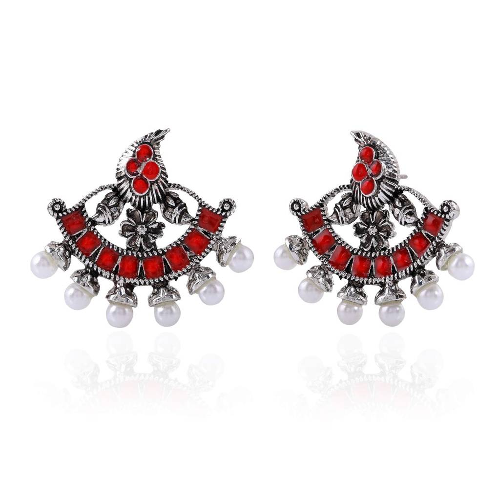 Estele Oxidised Silver Plated Afghani Tribal Beads Stud Earrings For Women : 751709-IGER