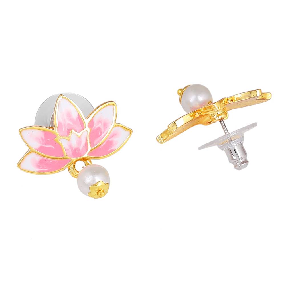 Estele Gold Plated Lotus Designer Elegant Pearl Drop Earrings With Pink Enamel For Girl'S & Women : 10196-IGER