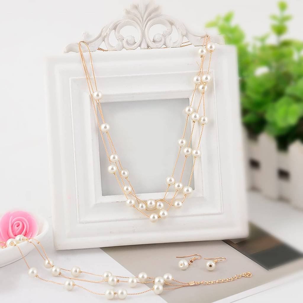 Beads Studded Gold Plated Three Layer Necklace Earrings & Bracelet Set Fashion Stylish Jewellery Gift For Women : PX9N64