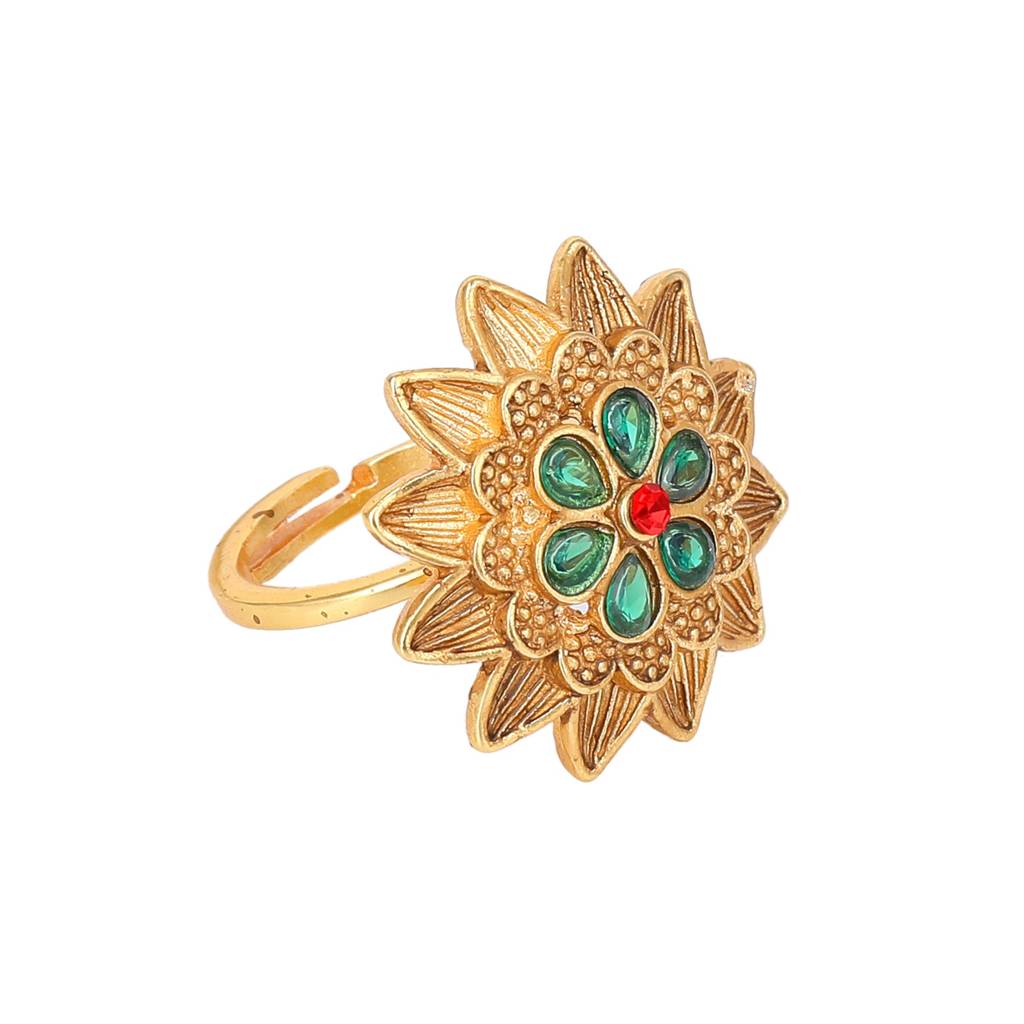 Estele Gold Plated Flower Designer Matte Finish Finger Ring With Multi-Color Crystals For Women. : AD-148-IGGNRBRING