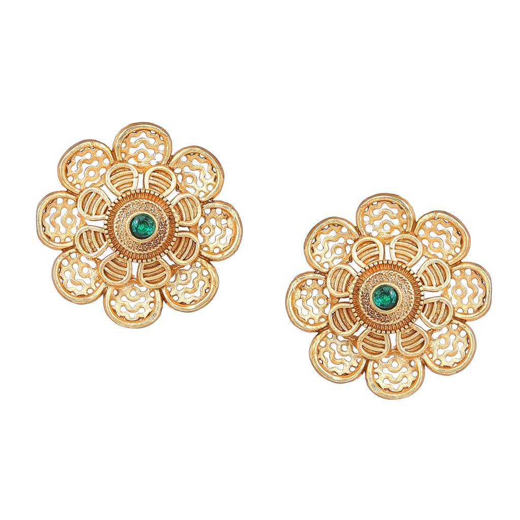 Estele Gold Plated Floral Designer Matte Finish Stud Earrings With Green Crystals For Women : AD-116713-IGGNER