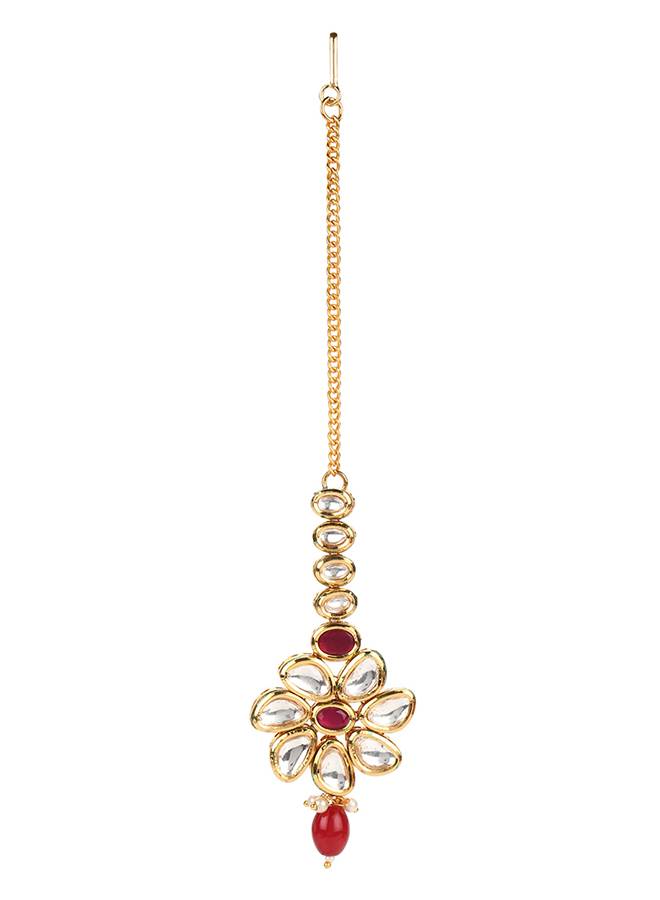 Kundan Gold Plated Necklace Set With Red Stones And Beads : 8905124437942