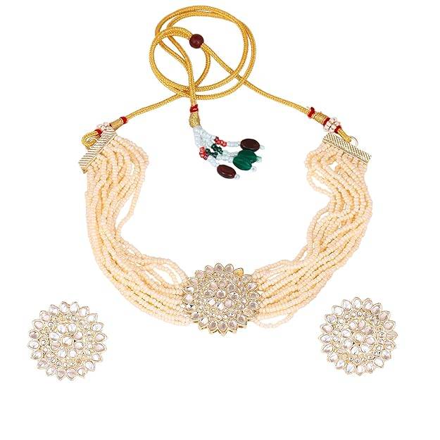 Estele Gold Plated Dazzling Gehena Pearl Necklace Set With Kundan For Women : PJ-049-IGWENKER