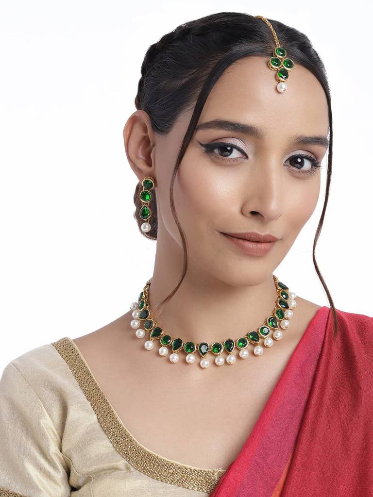 Kundan Pearl Traditional Ethnic Choker Necklace Earring Maangtikka Jewellery Set For Women-Pf24N47 : PF24N47G