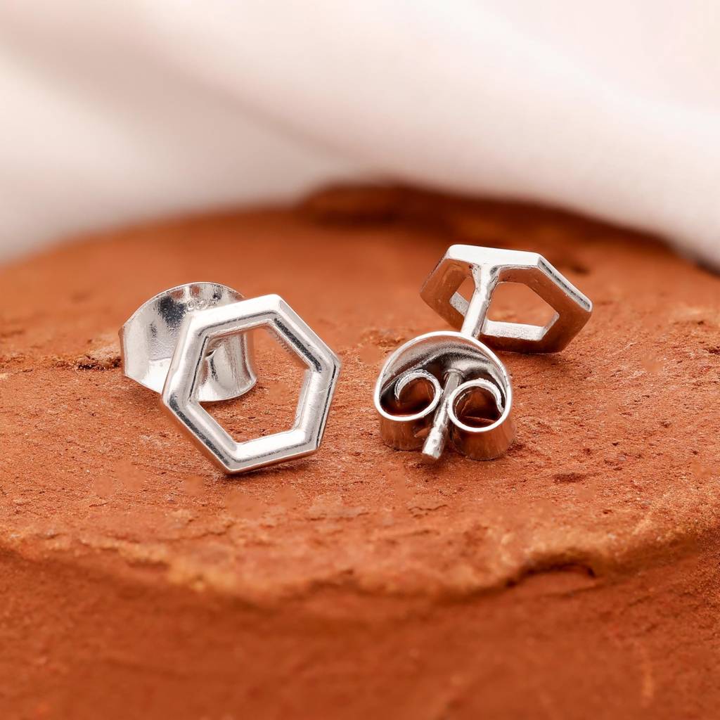 925 Silver Hexagon Open Shape Stud Earrings Â Modern Geometric Unisex Jewelry : SE_000638