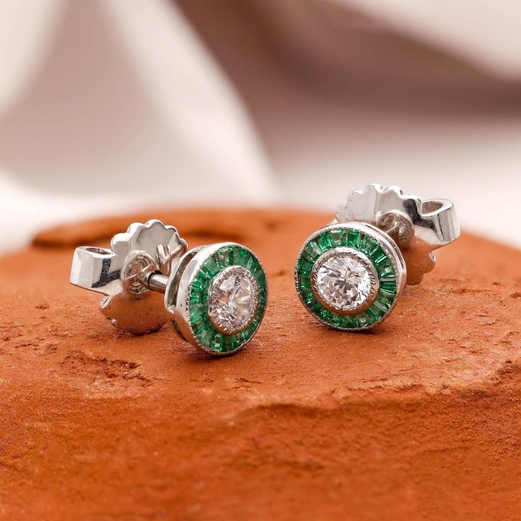 925 Silver Round Cz And Emerald Halo Stud Earrings Â Vintage Style Jewelry Gift : SE_000618