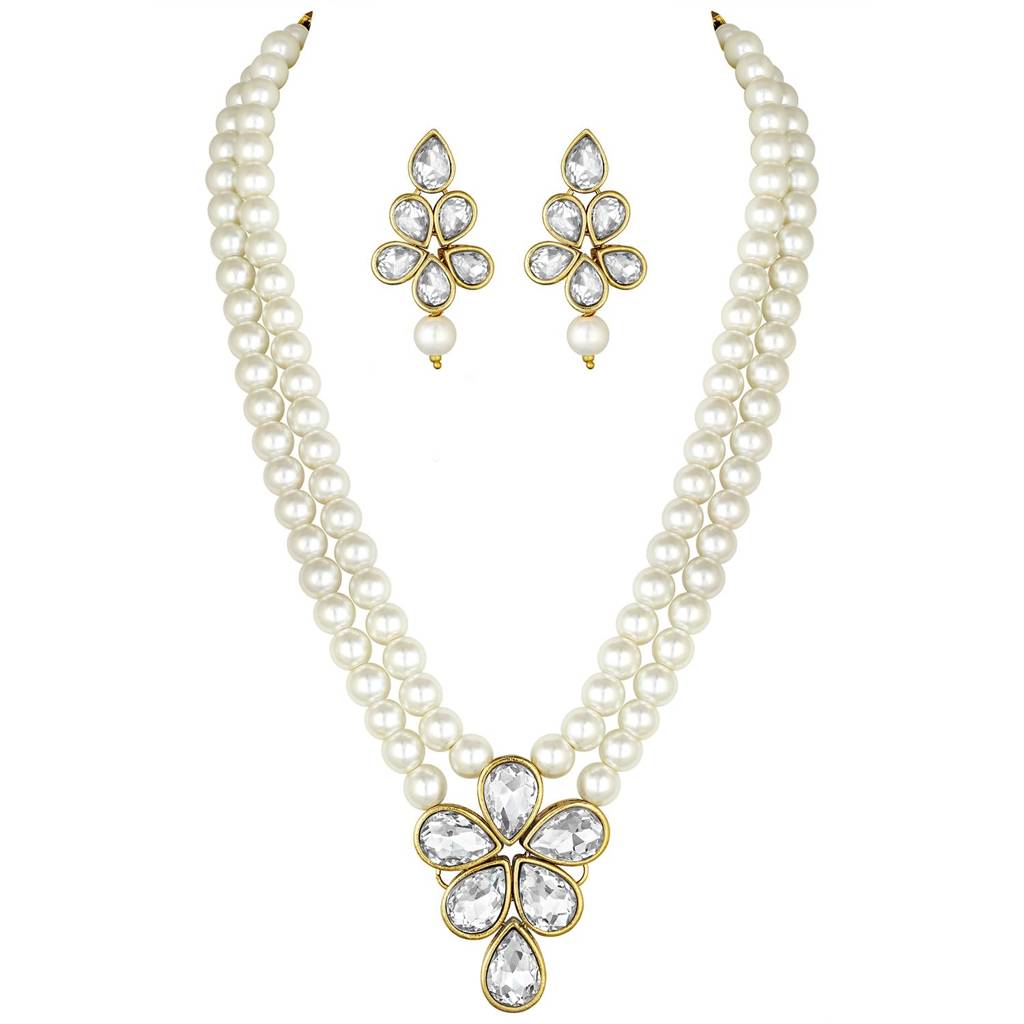 Crystal Faux Pearl Long Necklace With Drop Earrings Traditional Ethnic Jewellery Set For Women Girls-Pf24N184 : PF24N184W