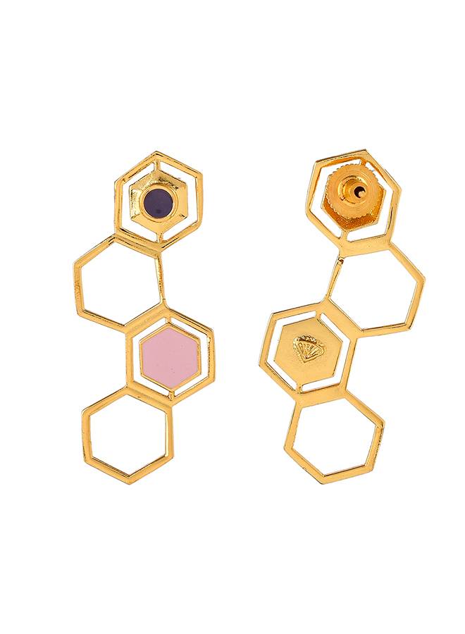 Benzene Gold Plated Hexagon Drop Earrings : 8905124456721